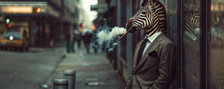 A funny zebra in a suit, leaning against a building and smoking a cigar. The zebra's formal look and the city street setting create a humorous contrast.の素材