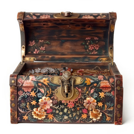 A vintage wooden treasure chest featuring intricate floral patterns and brass hinges, filled with antique jewelry, isolated on white background.の素材