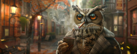 A quirky owl in a detective outfit, standing on a sidewalk and smoking a cigar. The owl's serious pose and the city street background create a funny and charming scene.の素材