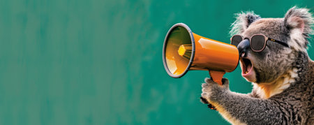 A funky koala with sunglasses, shouting through a megaphone on a green background. The megaphone enhances the koala's cool and laid-back vibe.の素材