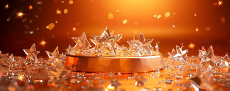 A bold burnt orange display podium surrounded by shiny crystal stars. The stars' shimmering light contrasts beautifully with the warm burnt orange, creating a lively and energetic look.の素材
