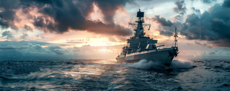 A military banner showing a warship at sea, equipped with advanced weaponry, patrolling the waters under a cloudy sky, symbolizing maritime strength.の素材