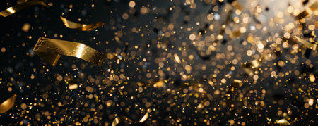 A chic 2025 Happy New Year banner with stylish fonts, confetti raining down, and a black and gold theme.の素材