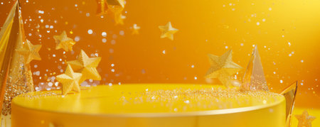 A vibrant yellow display podium with shiny crystal stars hovering above. The stars' glittering surfaces enhance the podium's bright yellow hue, creating a cheerful and lively scene.の素材