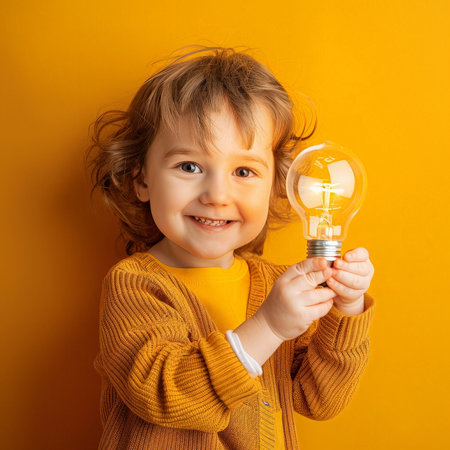 A child holding a brightly lit light bulb, isolated on a bright yellow studio Job ID: bf82516b-eea0-451d-b18a-90b4c659198aの素材