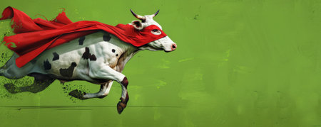 A superhero cow in a red cloak and mask, jumping boldly on a green background. The cow's powerful stance and the fresh colors make for a dynamic composition.の素材