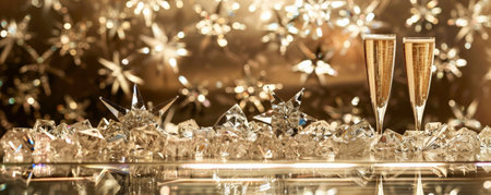 A luxurious champagne display podium adorned with shiny crystal stars. The stars' reflective surfaces enhance the champagne color, adding a touch of opulence and elegance.の素材