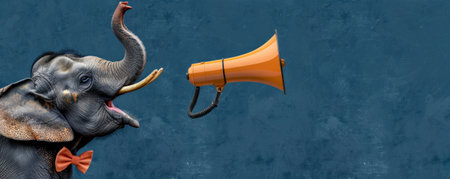 A trendy elephant with a bow tie, trumpeting through a megaphone on a deep blue background. The combination of the megaphone and the elephant's trunk adds a playful twist.の素材
