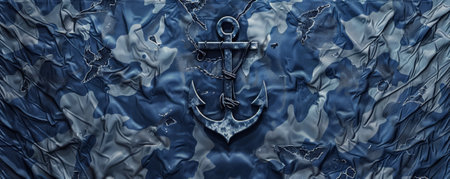 A military banner with a navy blue camouflage pattern, featuring an anchor and eagle emblem, representing naval strength and freedom, set against a textured backdrop.の素材