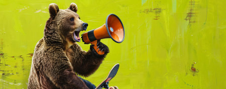 A trendy bear with a skateboard, holding a megaphone on a lime green background. The bear's relaxed pose and the megaphone's call create a fun and energetic vibe.の素材