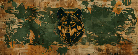 A rugged military banner with a green and brown camouflage pattern, adorned with a fierce wolf emblem, symbolizing bravery and leadership, set against a textured background.の素材