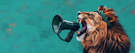 A trendy lion with a bandana, roaring through a megaphone on a teal background. The megaphone enhances the lion's powerful presence.の素材