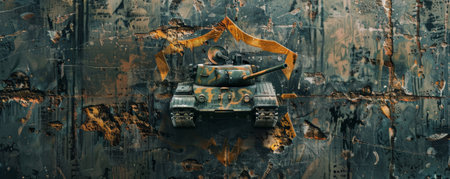 A military banner with an urban camouflage pattern, showing a powerful tank emblem in the center, representing strength and defense, set against a dark, gritty background.の素材