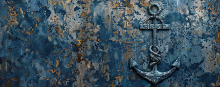 A military banner with a blue digital camouflage pattern, featuring an anchor and eagle emblem, representing naval strength and freedom, set against a textured backdrop.の素材