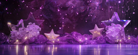 A stunning purple display podium adorned with shiny crystal stars. The stars' sparkling surfaces contrast beautifully with the rich purple hue, adding a touch of elegance.の素材