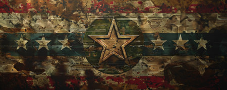 A dynamic military banner featuring a traditional camouflage pattern, with a prominent star and shield emblem in the center, representing strength and unity.の素材