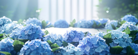 A flower display podium featuring a ring of blue hydrangeas, their soft, cloud-like clusters providing a serene and calming effect.の素材