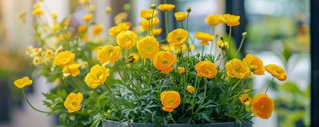 A flower display podium surrounded by bright yellow buttercups, their cheerful blooms adding a touch of sunshine and happiness.の素材