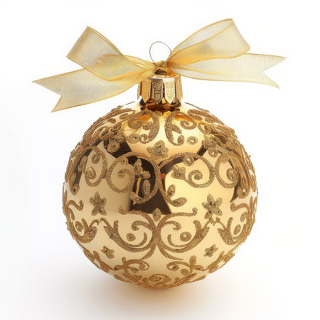 A shiny gold Christmas bauble with intricate patterns and a satin ribbon, isolated on white background.の素材