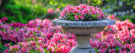 A flower display podium surrounded by bright pink azaleas, their vibrant color adding energy and cheerfulness to the scene.の素材