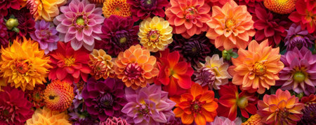 A flower display podium adorned with a mix of colorful dahlias, their vibrant and varied petals creating a lively and eye-catching backdrop.の素材