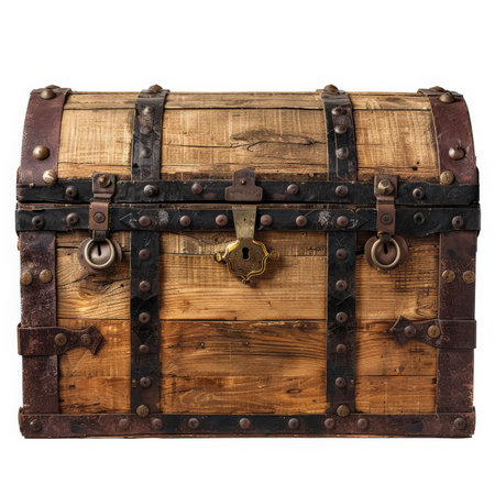 An old wooden treasure chest with iron bands and a large keyhole, closed and weathered from years of use, isolated on white background.の素材