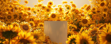 A flower display podium surrounded by vibrant sunflowers, their golden petals creating a warm and inviting backdrop. The bright yellow blooms radiate against the sleek podium.の素材