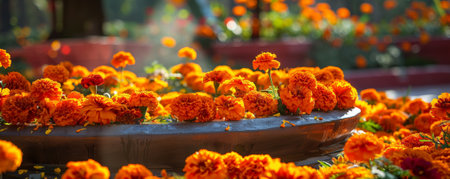 A flower display podium adorned with a ring of bright orange marigolds, their fiery color adding warmth and energy to the scene.の素材