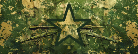 A dynamic military banner featuring an intricate crest with crossed rifles and a bold star, set against a green digital camouflage background, representing strength and unity.の素材