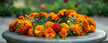 A flower display podium adorned with a ring of bright orange marigolds, their fiery color adding warmth and energy to the scene.の素材