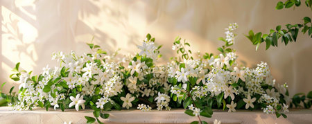 A flower display podium adorned with fragrant jasmine flowers, their small white blooms adding a touch of elegance and freshness.の素材