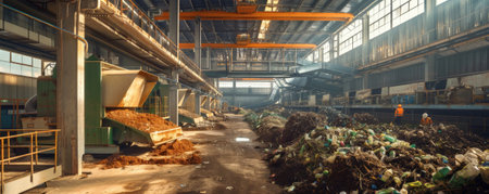 A processing plant for organic waste, with large composting machines and workers managing the recycling of biodegradable materials.の素材