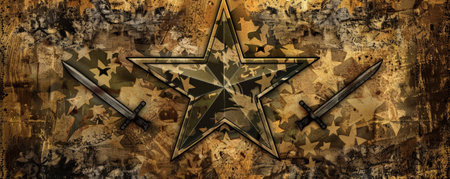 A striking military banner with a desert digital camouflage background, adorned with an emblem of a star and crossed swords, symbolizing honor and victory.の素材