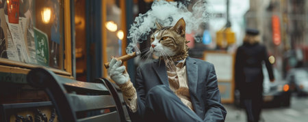 A funny cat in a suit, sitting on a bench and smoking a cigar on a bustling city street. The cat's sophisticated pose and the rising smoke add a whimsical touch to the urban scene.の素材