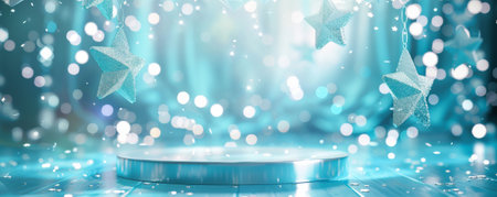 A radiant aquamarine display podium with shiny crystal stars floating above. The stars' glittering reflections enhance the podium's bright aquamarine hue, creating a serene and lively scene.の素材