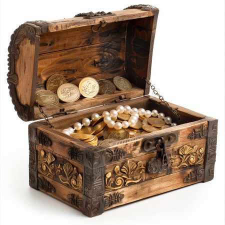 A rustic wooden treasure chest with simple yet elegant carvings, open to reveal a pile of old gold coins and pearls, isolated on white background.の素材