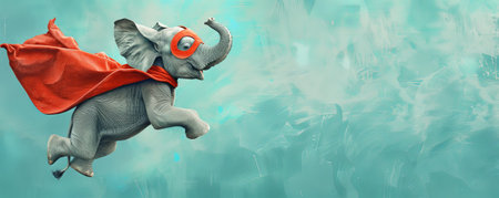 A superhero elephant in a red cape and mask, soaring gracefully on a light blue background. The elephant's impressive flight and the calming colors create a unique and powerful image.の素材
