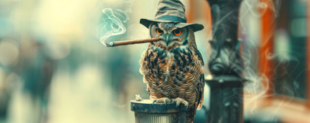A quirky owl in a wizard hat, perched on a streetlight and smoking a cigar. The owl's magical appearance and the urban street background add a playful touch.の素材