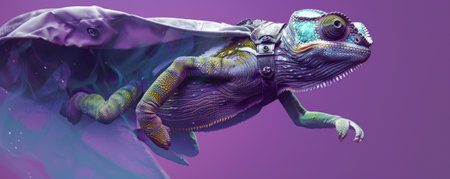 A superhero chameleon in a silver cloak and mask, leaping gracefully on a purple background. The chameleon's agile pose and the vibrant colors highlight its agility.の素材