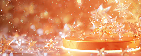 A vibrant marigold display podium surrounded by shiny crystal stars. The stars' shimmering light enhances the podium's bright marigold color, creating a lively and captivating scene.の素材