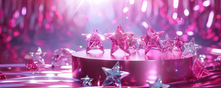 A radiant pink display podium surrounded by shiny crystal stars. The stars' shimmering light enhances the podium's vibrant pink color, creating a fun and glamorous scene.の素材