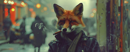 A quirky fox in a leather jacket, sitting on a bench and smoking a cigar on a busy street. The fox's cool demeanor and the urban backdrop add a playful touch.の素材