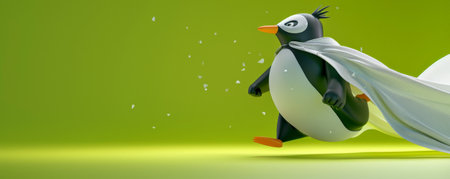 A superhero penguin in a white cape and mask, jumping heroically on a green background. The penguin's dynamic pose and the fresh colors enhance the action-packed image.の素材