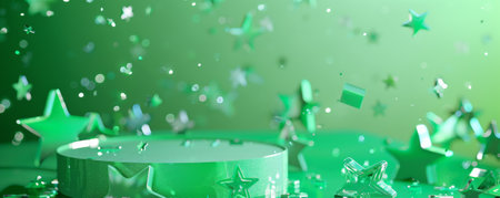 A vibrant green display podium with shiny crystal stars scattered around. The stars' brilliance enhances the podium's fresh and lively green color, creating a captivating effect.の素材