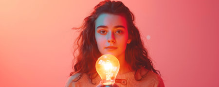 A teenager holding a softly glowing light bulb, isolated on a pastel pink studio background. The light adds a dreamy quality to her expression.の素材