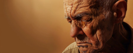 An elderly man crying, tears rolling down his cheeks, on a muted brown studio background. The neutral tone adds depth to his visible pain.の素材