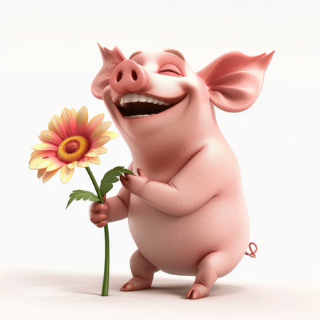A cartoon 3D happy pig with a curly tail and a big grin, sitting and holding a flower, isolated on white background.の素材