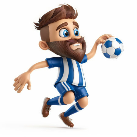 A cartoon soccer player with a beard, wearing a blue and white striped jersey, juggling the ball, isolated on white backgroundの素材