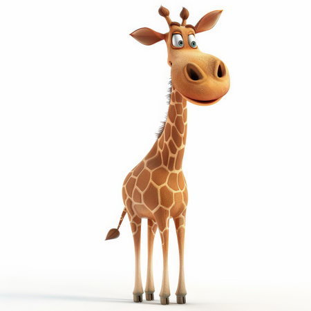 A cartoon 3D happy giraffe with a long neck and a friendly smile, standing tall, isolated on white background.の素材