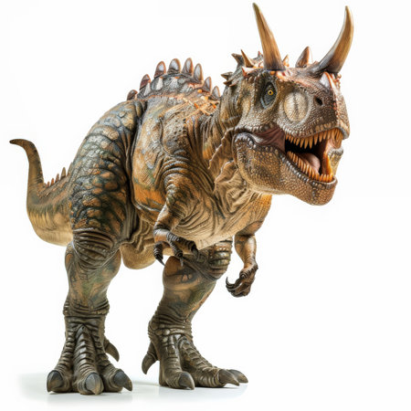 A powerful Carnotaurus with its distinctive horns and robust body, in a dynamic running pose, isolated on white background.の素材